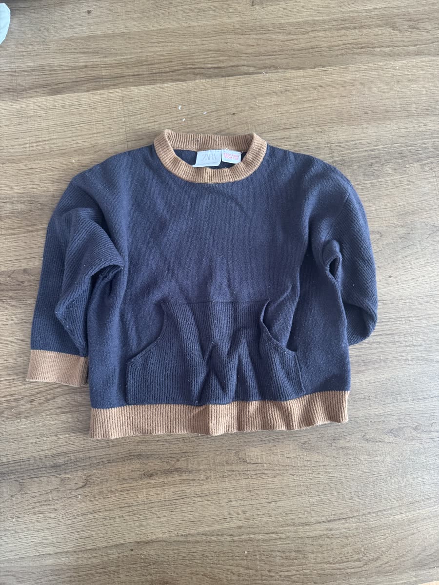 pull bébé Zara 12-18 mois 86 bleu marine maille bordures camel poche kangourou — Bon Etat — à Paris